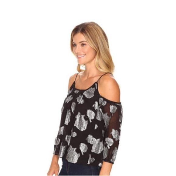 Lucky Brand Blouse XS NWT Off Shoulder Floral Silver Metallic - Picture 3 of 13